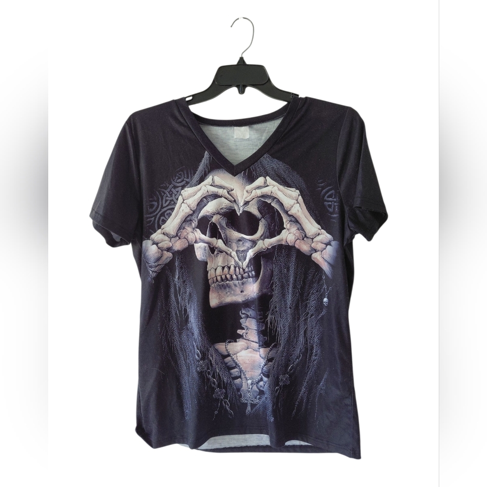 Gothic Skeleton Heart Hands Tee | I Love You Rose Graphic Shirt XL